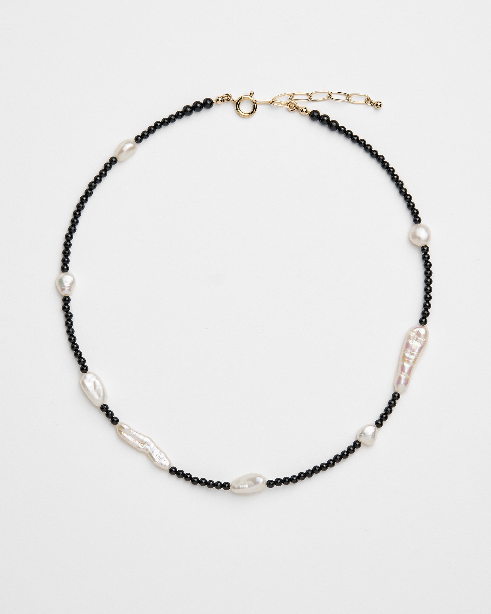 Black and white beaded necklace with black spinel and freshwater pearls