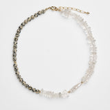 Statement beaded necklace with dalmatian jasper, crystal quartz and freshwater pearl.