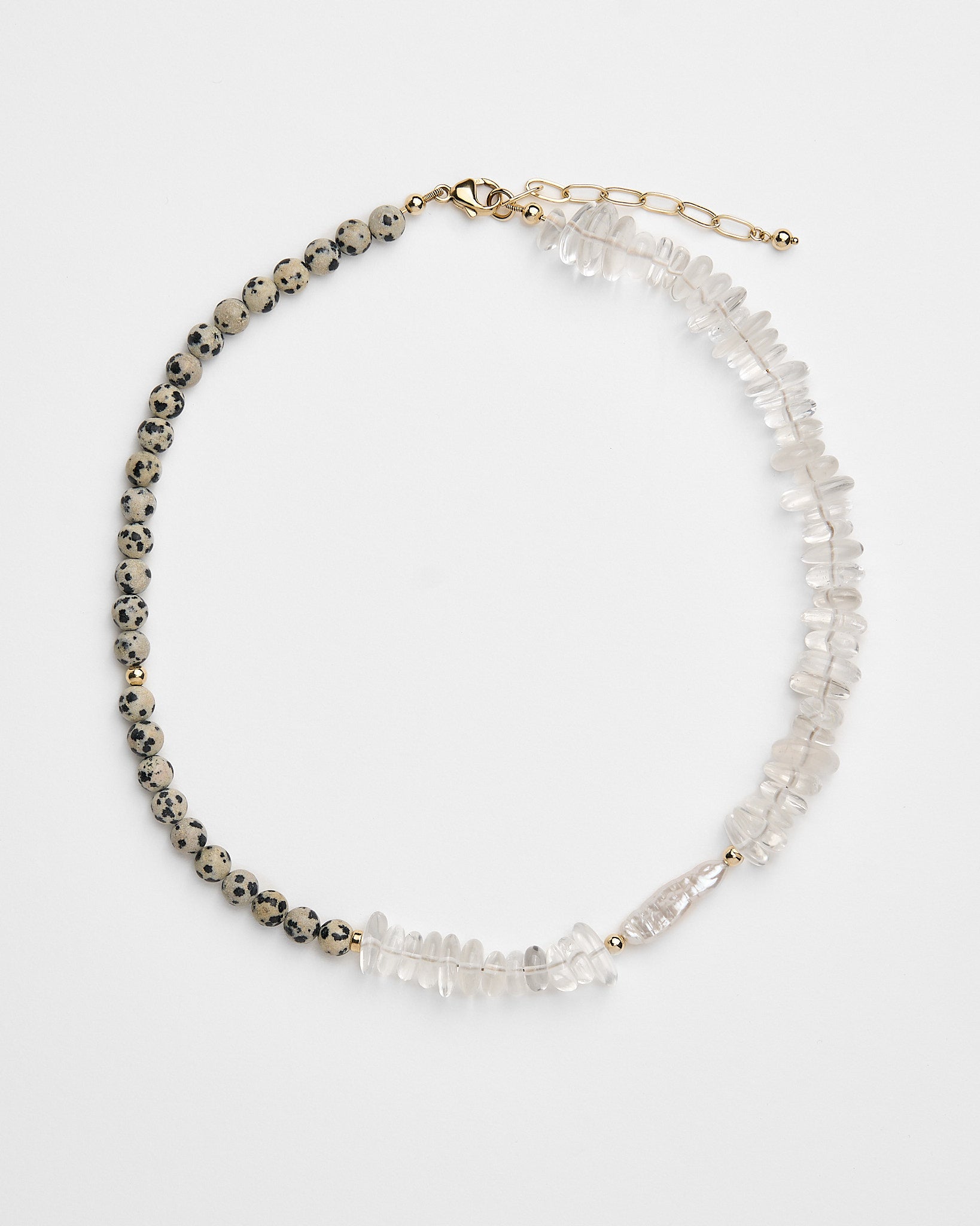 Statement beaded necklace with dalmatian jasper, crystal quartz and freshwater pearl.