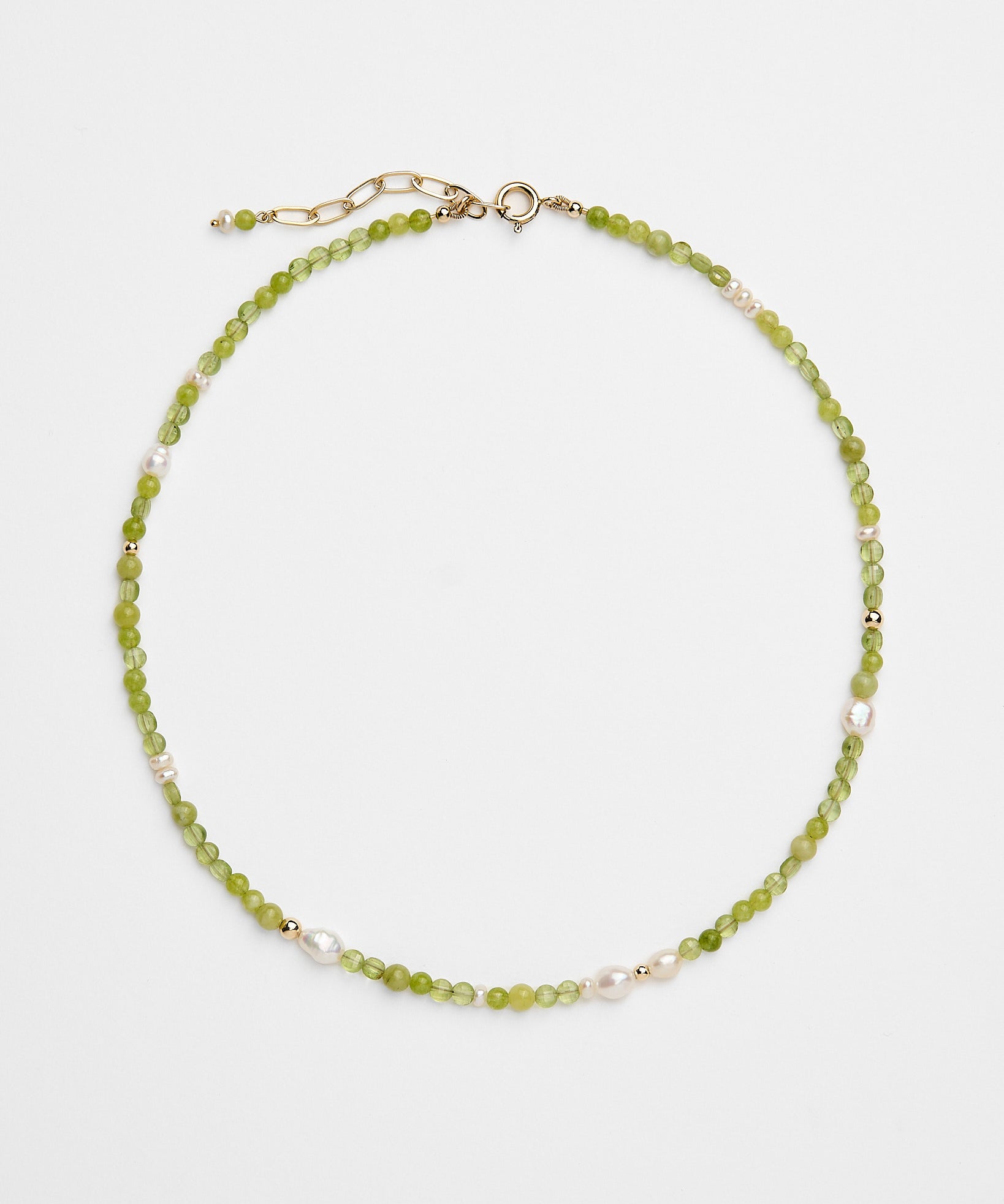 Beaded handmade necklace with peridot, freshwater pearls and green jade.