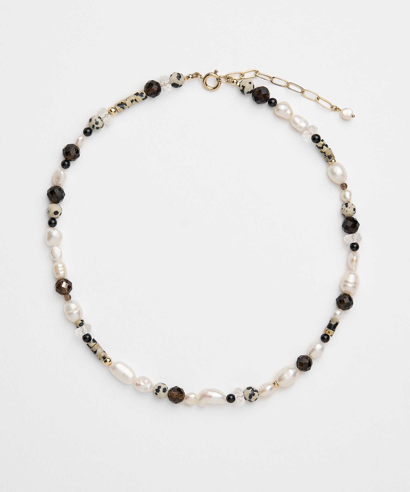 Stand Strong - beautiful pearl, smoky quartz and dalmatian jasper beaded necklace for strength and grounding