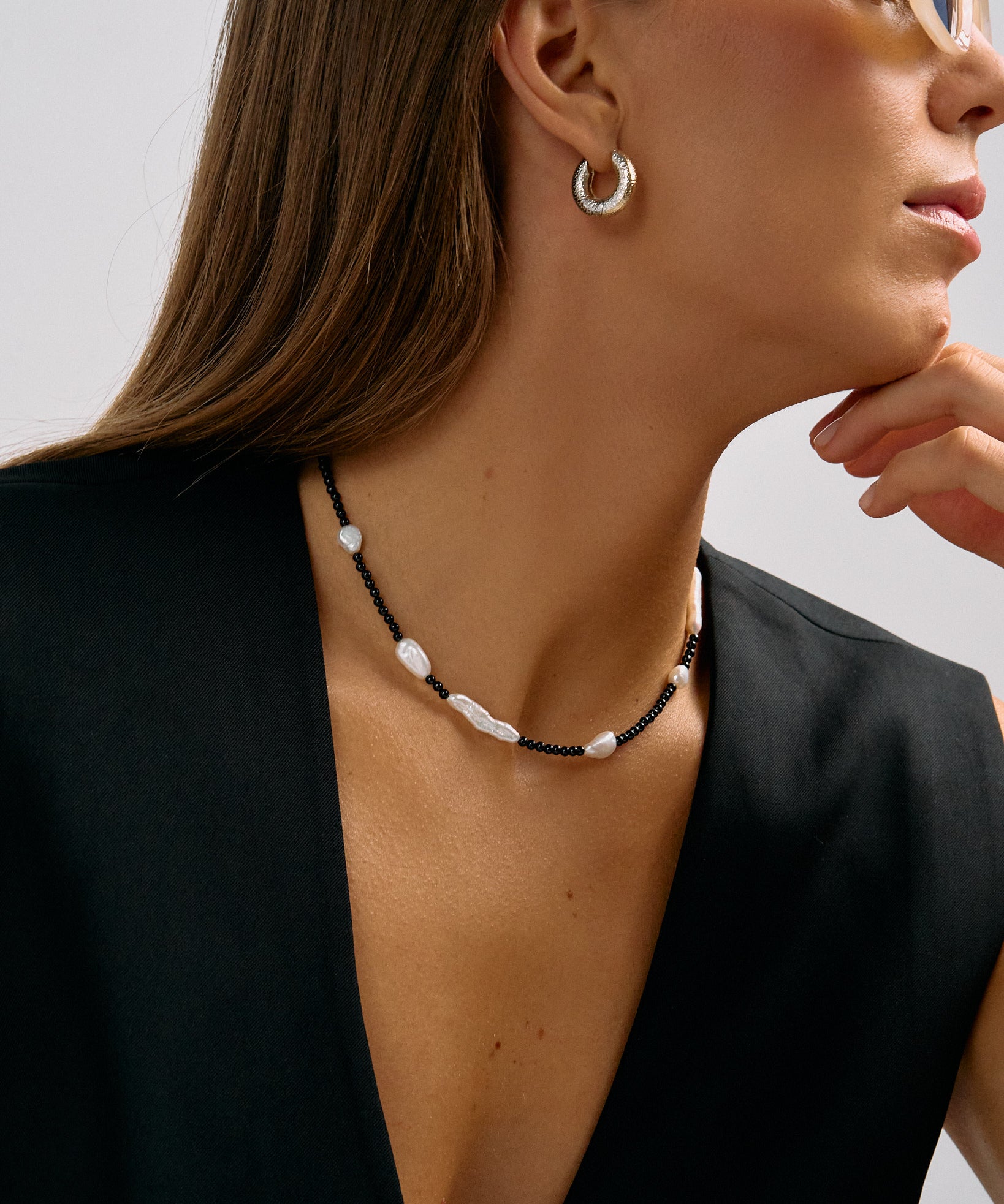 Black and white necklace with black spinel and freshwater pearls