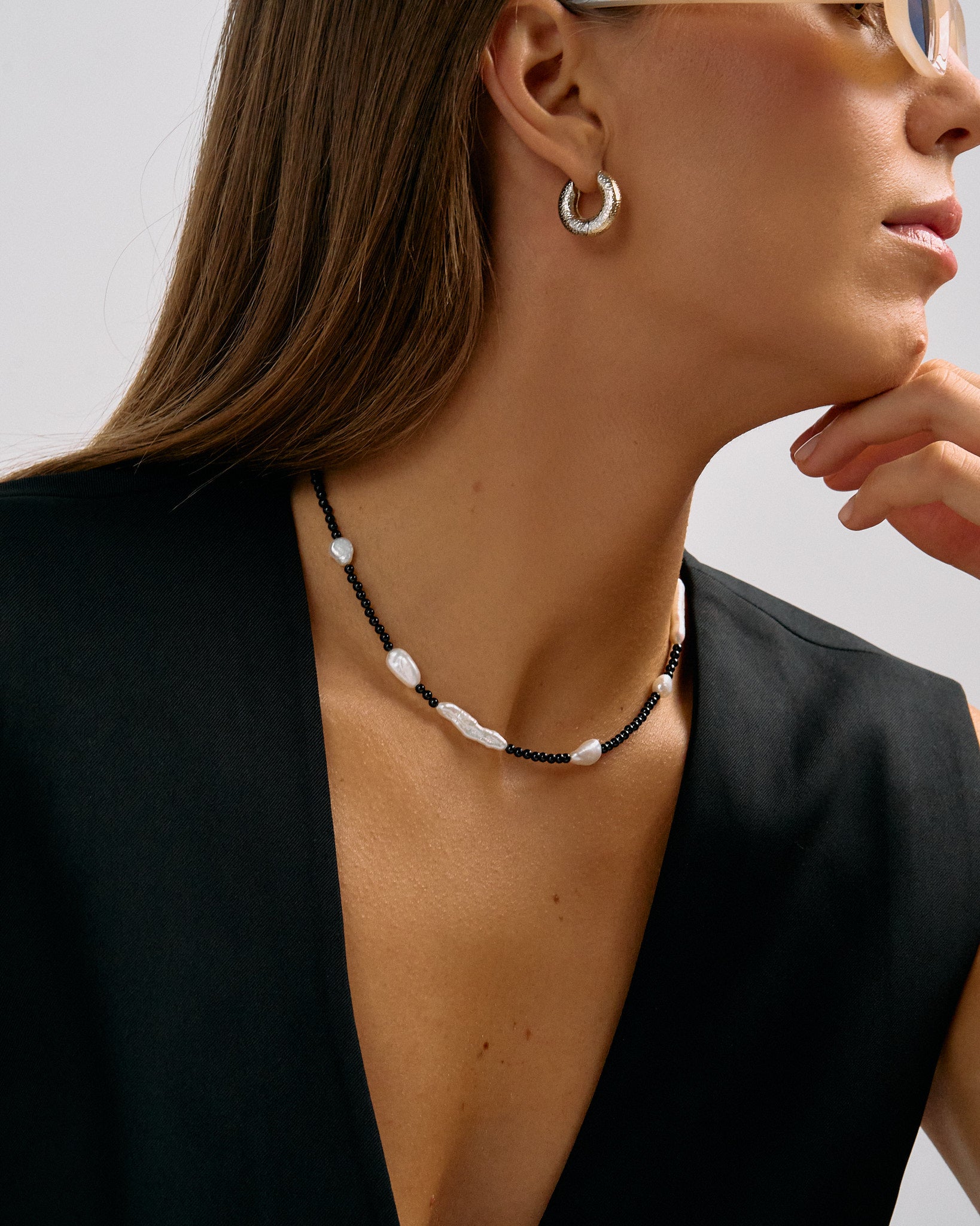 Black and white necklace with black spinel and freshwater pearls