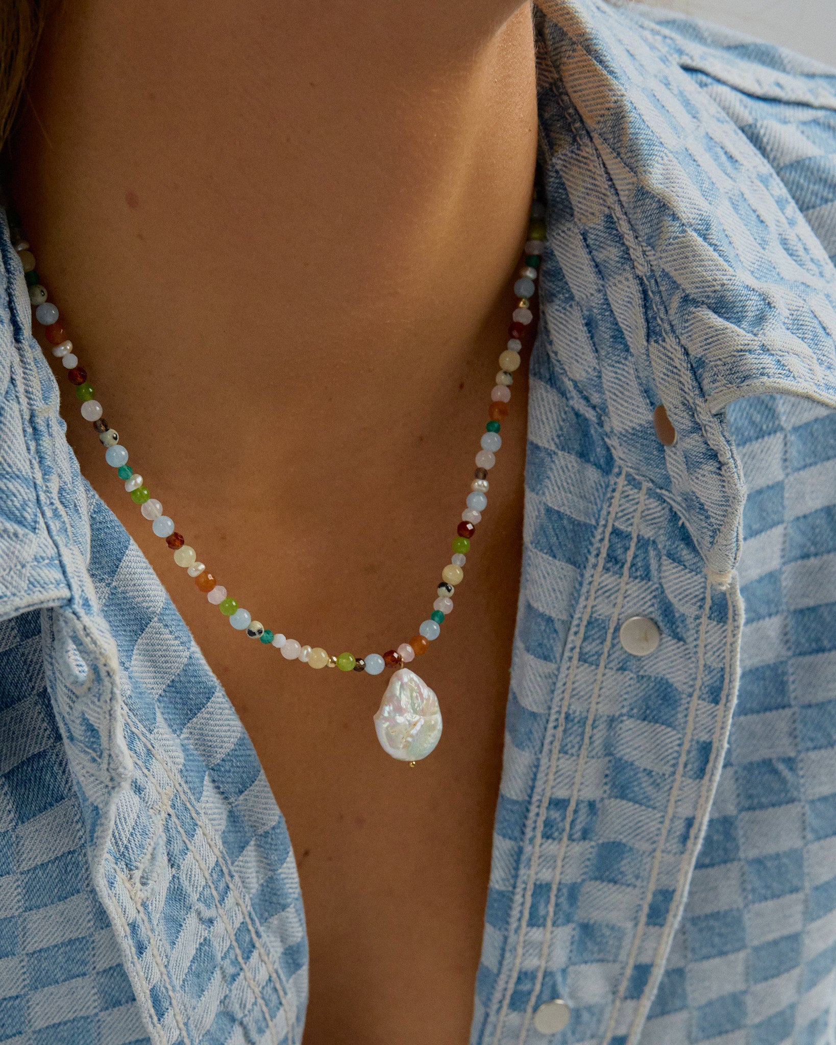 Let It Flow - Rich multi-gemstone beaded necklace with a freshwater pearl