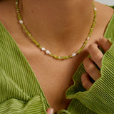 Beaded handmade necklace with peridot, freshwater pearls and green jade.