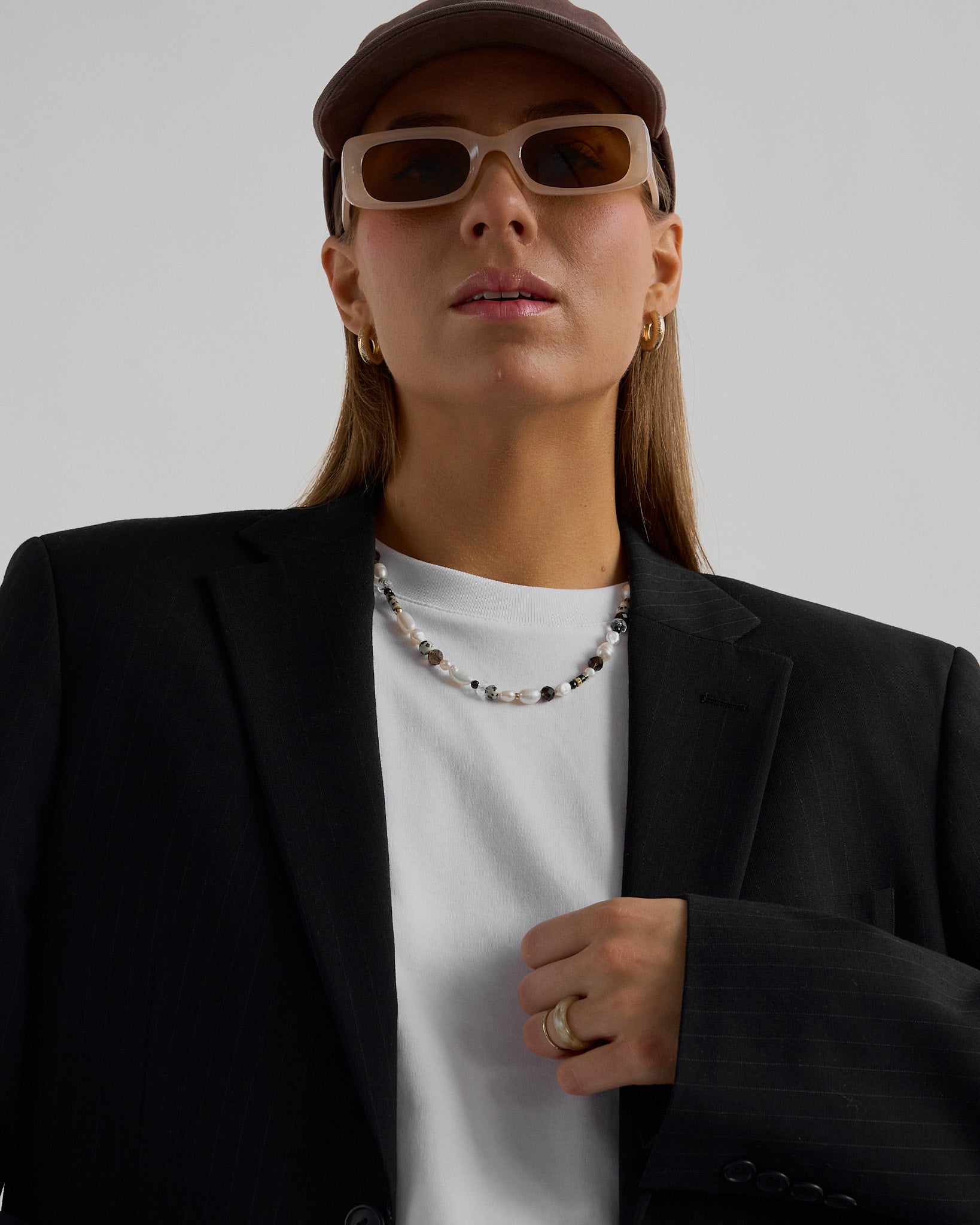 Stand Strong - beautiful pearl, smoky quartz and dalmatian jasper beaded necklace for strength and grounding