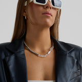 Statement beaded necklace with dalmatian jasper, crystal quartz and freshwater pearl.