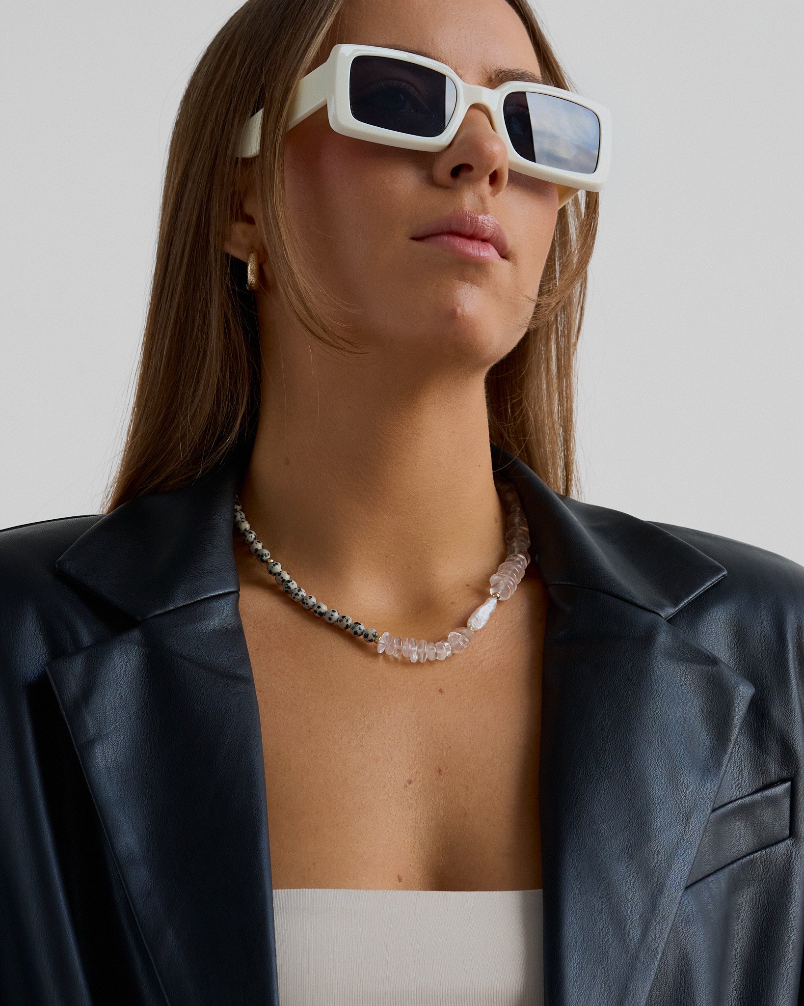 Statement beaded necklace with dalmatian jasper, crystal quartz and freshwater pearl.