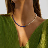 Beautiful deep blue beaded necklace with lapis lazuli and freshwater pearls