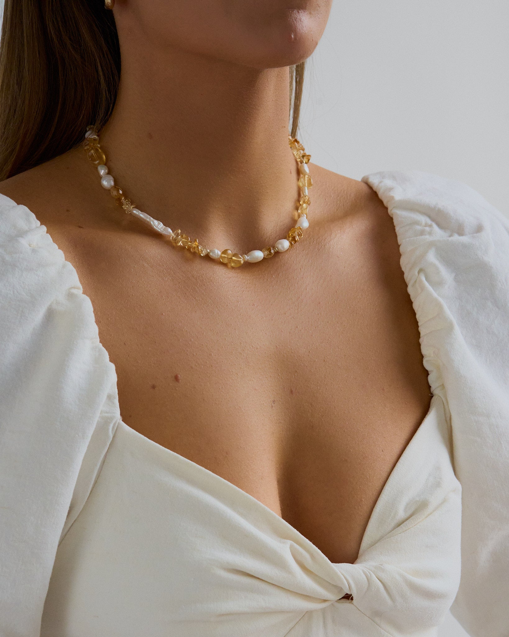 Golden Hour - Citrine and freshwater pearl beaded necklace for abundance