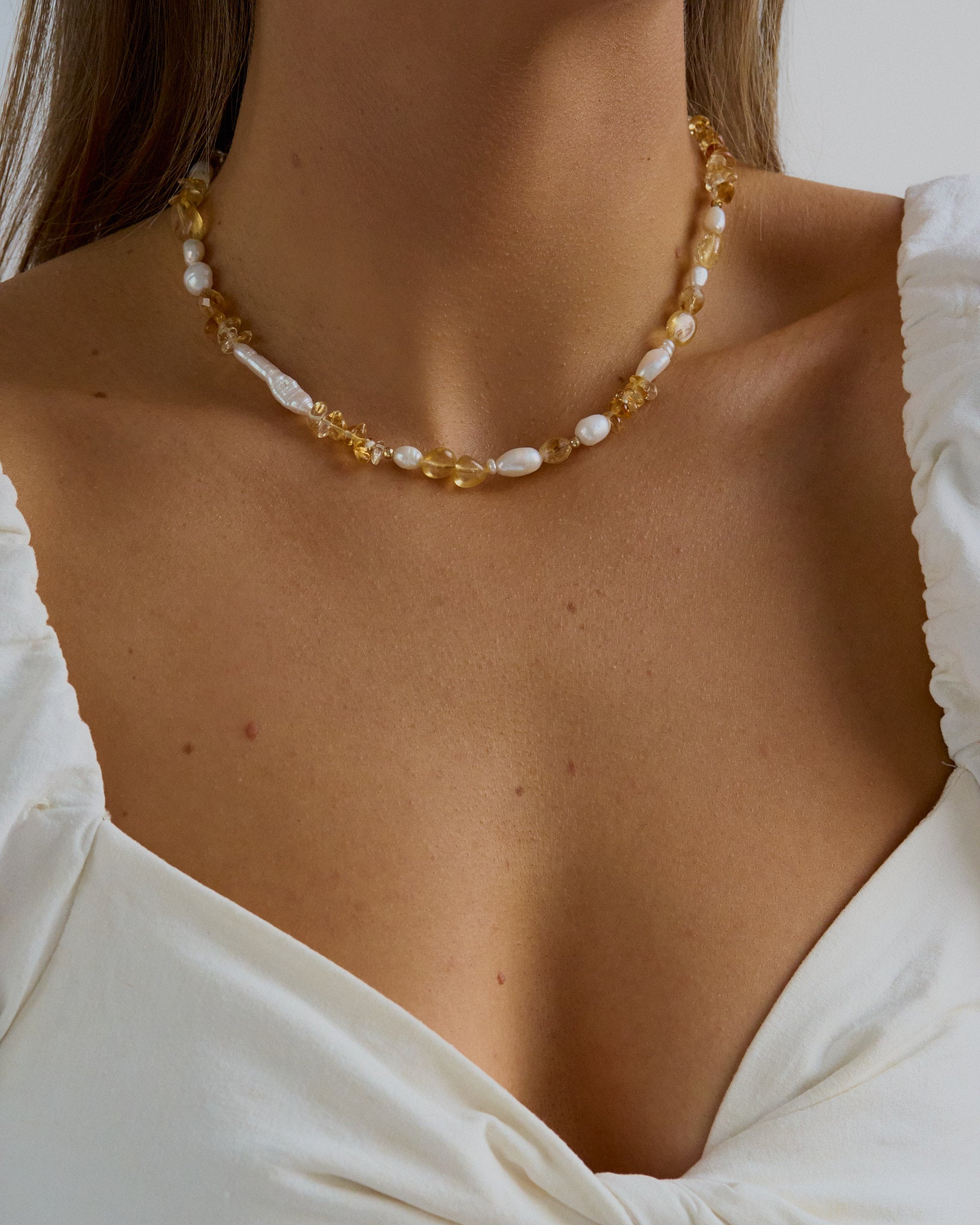 Golden Hour - Citrine and freshwater pearl beaded necklace for abundance