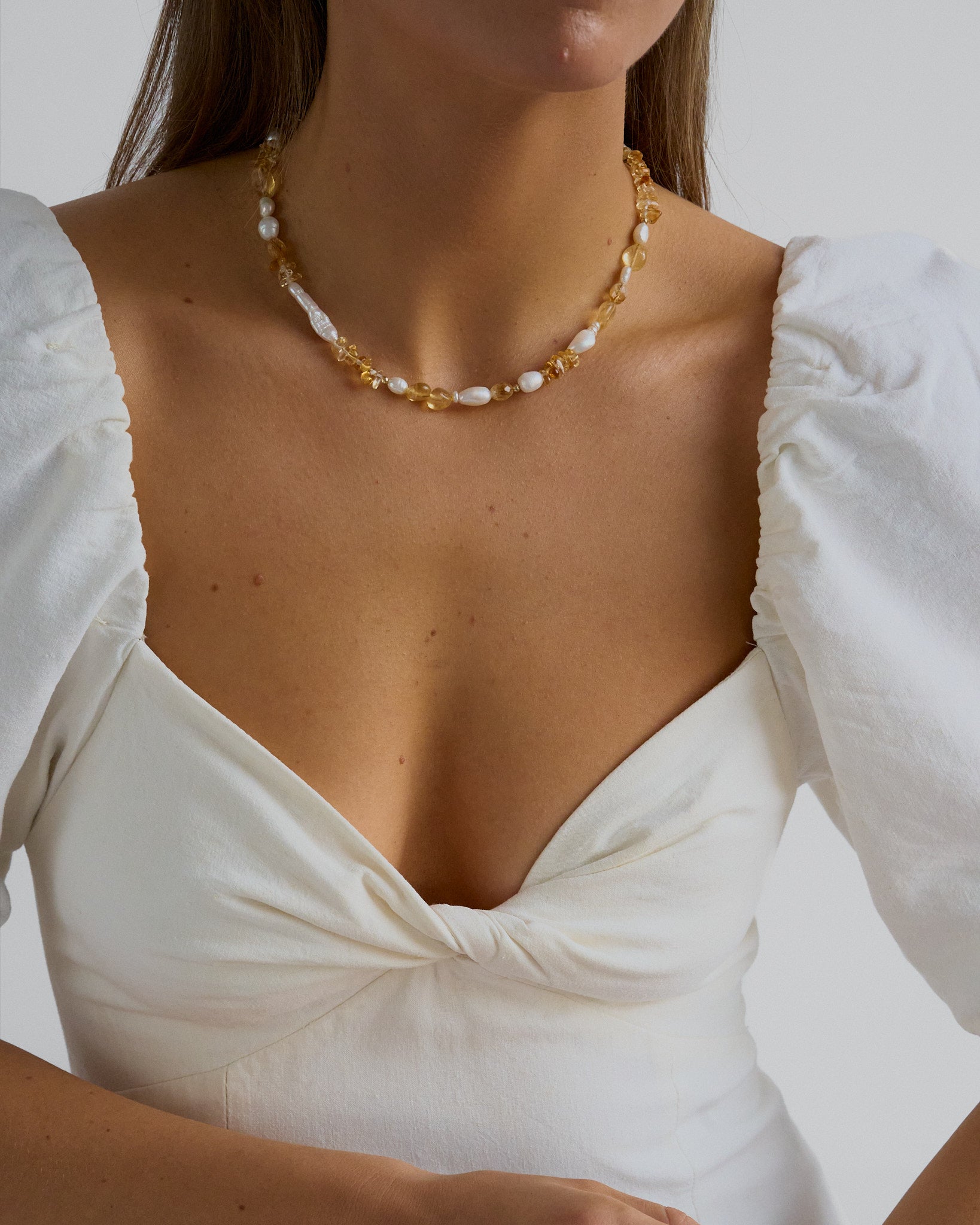 Golden Hour - Citrine and freshwater pearl beaded necklace for abundance