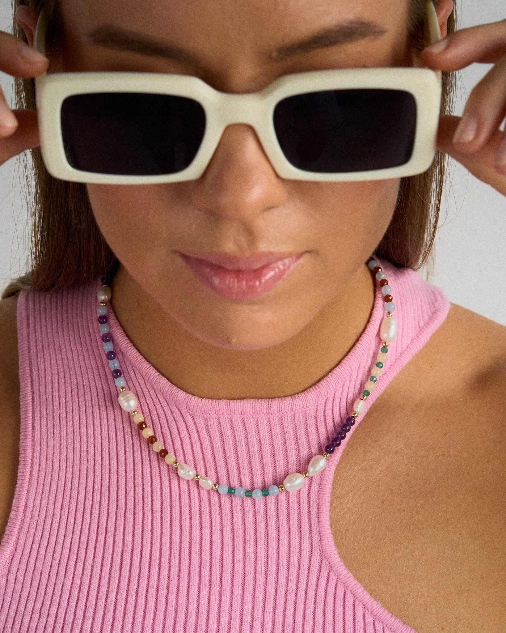 Momentum - handmade colorful beaded gemstone and pearl necklace