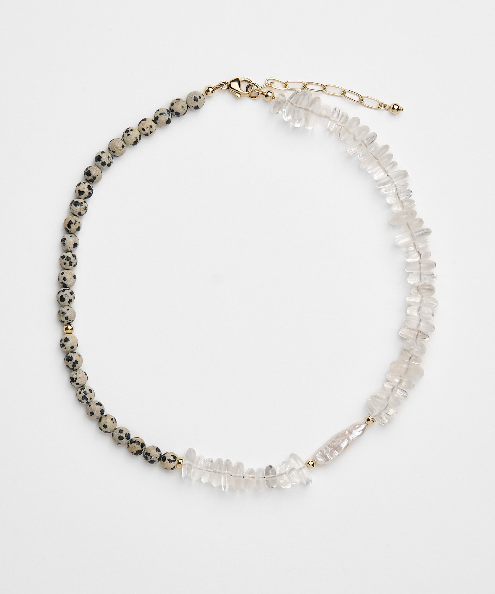 Statement beaded necklace with dalmatian jasper, crystal quartz and freshwater pearl.