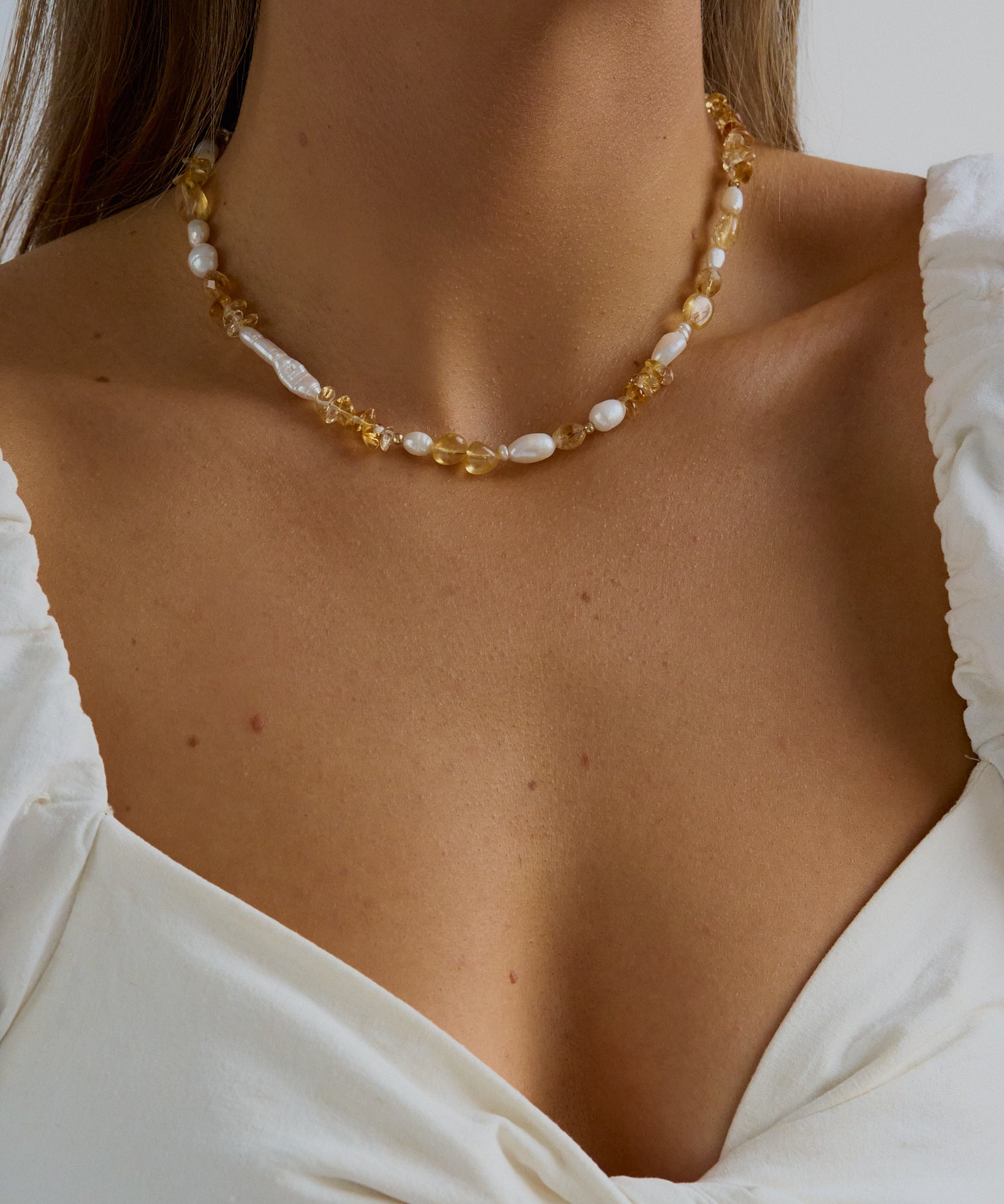 Golden Hour - Citrine and freshwater pearl beaded necklace for abundance